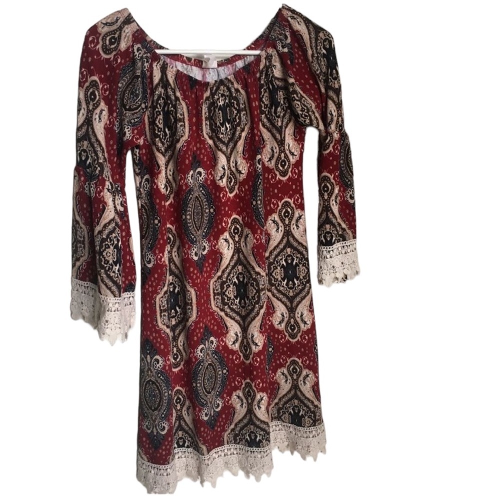Boho Paisley Lace-Trim Tunic Top - Red